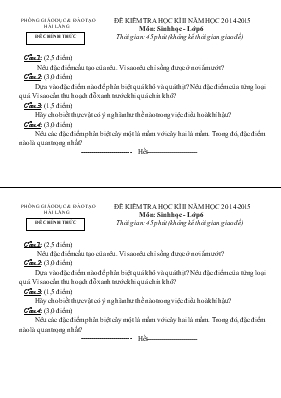 Đề kiểm tra học kì II năm học 2014-2015 môn sinh học - lớp 6